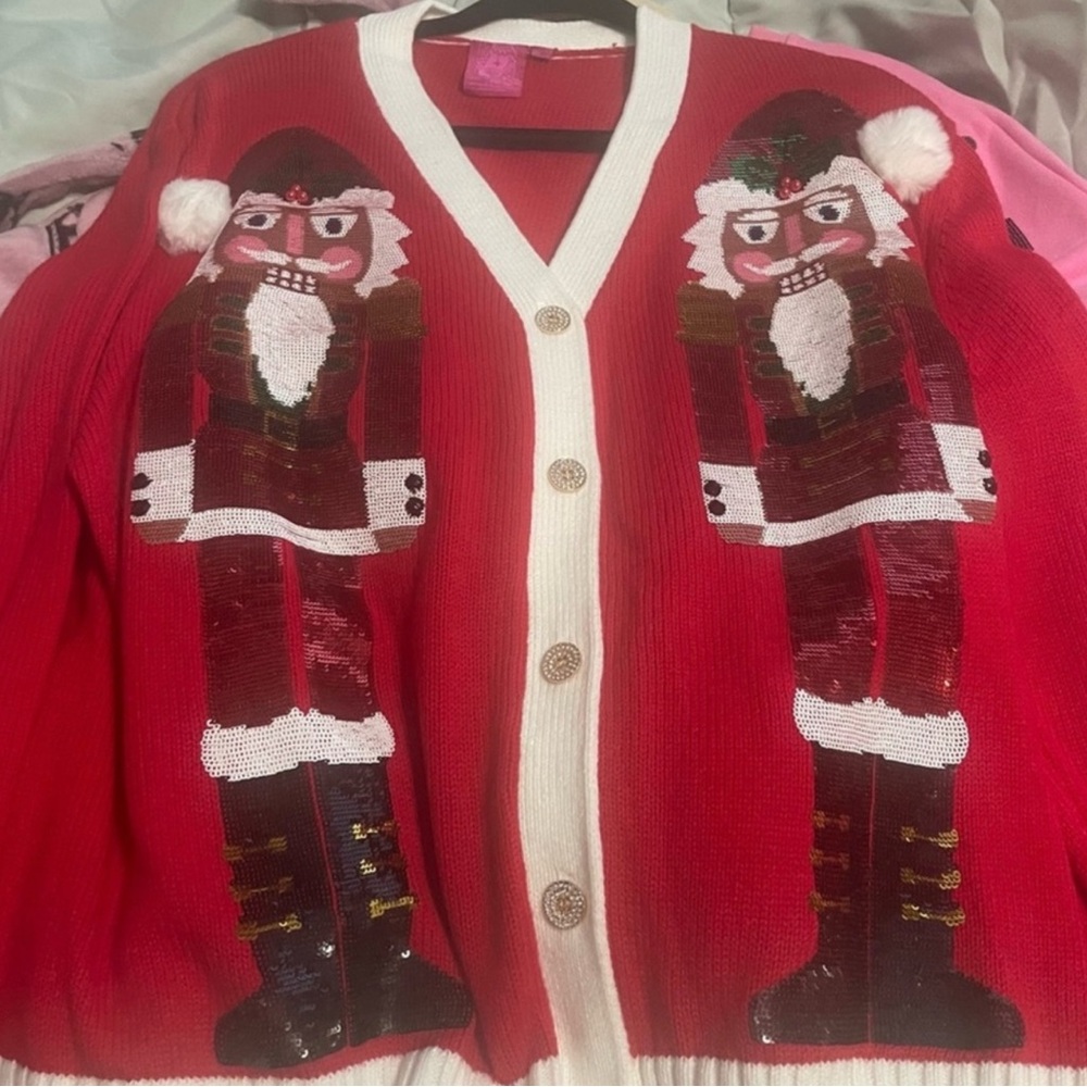 QUEEN OF SPARKLES Red and White Nutcracker Cardigan
